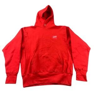 LQQK Studio Hooded Sweatshirt Men M Red Chest Logo Graphic Long Sleeve USA Made